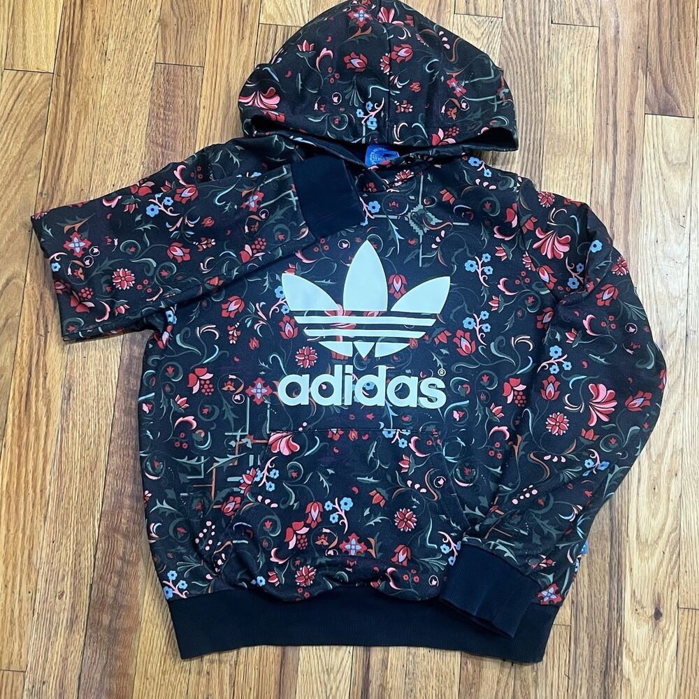 Adidas Originals Floral Trefoil Hoodie Womens Medium Black Folk Paisley Pullover